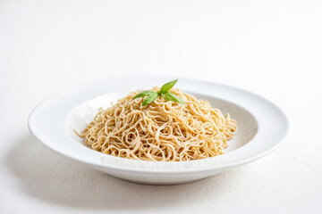 Poster - Close-up of a Plate of Cooked Noodles with Basil Garnish