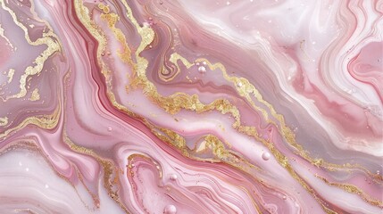 Wall Mural - An opulent liquid marble pattern in blush pink opal hues on canvas, with deep waves of gold and pearly white creating an elegant, flowing abstract landscape.