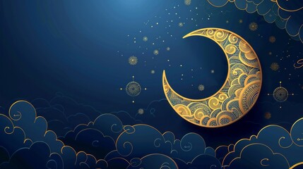 Wall Mural - Gold half moon against dark cloudy blue background with ramadan kareem greeting card text, celebratory eid mubarak and eid al adha horizontal banner with copy space, holiday-themed cartoon design