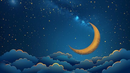 Wall Mural - Gold half moon against dark cloudy blue background with ramadan kareem greeting card text, celebratory eid mubarak and eid al adha horizontal banner with copy space, holiday-themed cartoon design