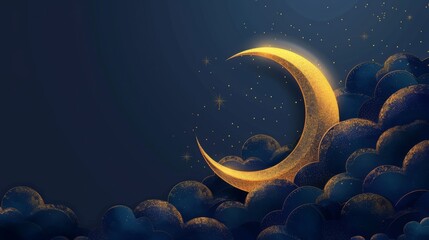 Wall Mural - Gold half moon against dark cloudy blue background with ramadan kareem greeting card text, celebratory eid mubarak and eid al adha horizontal banner with copy space, holiday-themed cartoon design