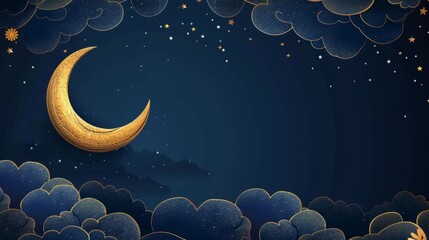 Wall Mural - Gold half moon against dark cloudy blue background with ramadan kareem greeting card text, celebratory eid mubarak and eid al adha horizontal banner with copy space, holiday-themed cartoon design