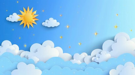 Wall Mural - Fluffy paper-cut clouds with sparkling stars and a radiant sun layered against a serene blue sky. The paper art design is enhanced by shadows and highlights, creating a three-dimensional feel