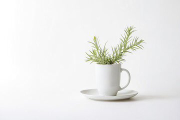 Canvas Print - White Coffee Mug with Green Plant on a White Background