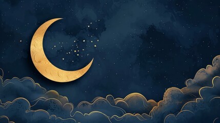 Wall Mural - Gold half moon against dark cloudy blue background with ramadan kareem greeting card text, celebratory eid mubarak and eid al adha horizontal banner with copy space, holiday-themed cartoon design
