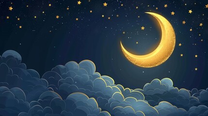 Wall Mural - Gold half moon against dark cloudy blue background with ramadan kareem greeting card text, celebratory eid mubarak and eid al adha horizontal banner with copy space, holiday-themed cartoon design