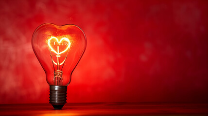 clear glass light bulb with a heart-shaped filament glowing warmly on a scarlet red background