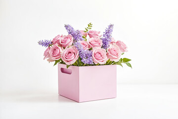 Poster - Pink roses and purple flowers in a pink box on a white background