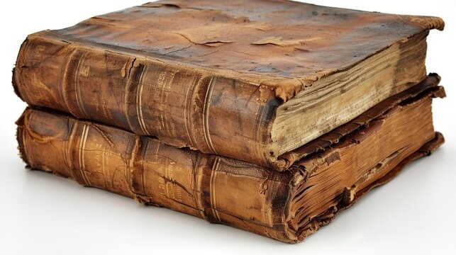 Close-up of two aged, weathered books stacked, showcasing vintage leather covers and worn-out pages, symbols of history and timeless knowledge.