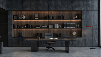 black minimalist office bookshelf The walls are wood and dark gray concrete.