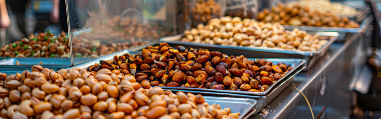a variety of nuts are displayed in a store, including almonds, cashews in background