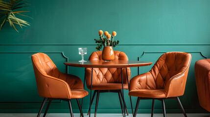 Wall Mural - Orange leather chairs at a round dining table behind a green wall.