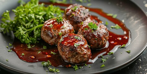 Wall Mural - Four Grilled Meatballs With Parsley and Red Sauce on Black Plate
