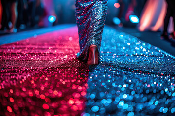 A movie star in a sparkling dress on the red carpet in the spotlight, close-up of her legs. Generated by artificial intelligence