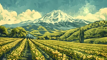 Retro orchard under snowy mountains illustration poster background