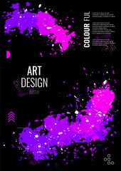 Poster - Artistic abstract background. Bright splashes of paint or ink on a dark background. Design for flyer, cover, invitation. Vector image.