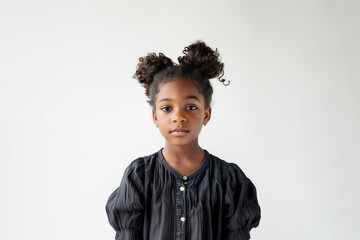 Wall Mural - A young African American girl with curly hair styled in two buns, wearing a black blouse. Her calm expression and stylish attire make her look poised and elegant.
