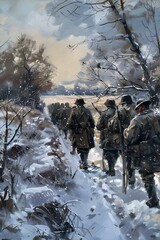 Wall Mural - A group of soldiers walking through the snow in a forest during World War I