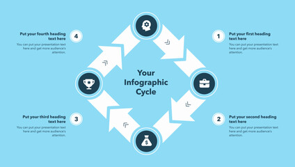 Fototapete - Infographic cycle template with four steps - blue version. Flat design with minimalistic icons and place for your texts.