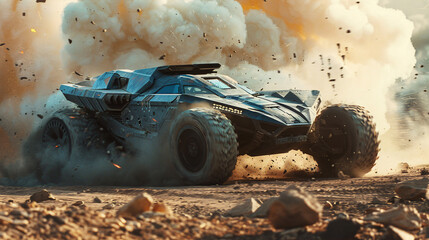Blue armored vehicle moving across a battlefield with smoke and destruction