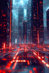 Wall Mural - A digital futuristic city in the background with glowing lines in the foreground 