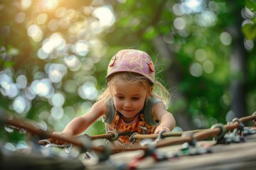 Wall Mural - Happy child enjoying activity in climbing adventure in the park. Outdoor activity concept.