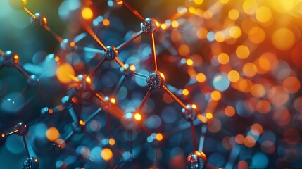 Wall Mural - Close-up abstract background featuring a network of molecular models in vibrant colors, highlighting the interconnectedness of atoms and molecules in biotech research. shiny, Minimal and Simple,