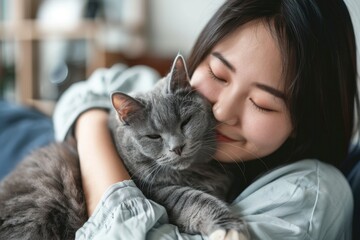 Happy young asian woman hugging cute grey cat in living room at home.