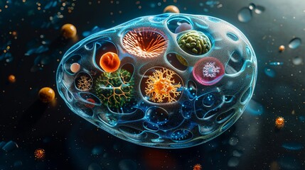 Wall Mural - A detailed abstract illustration of a cell with various organelles, showcasing the microscopic world of cellular biology and its applications in biotechnology. shiny, Minimal and Simple,