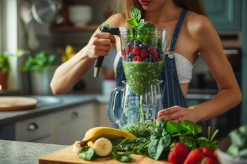 Wall Mural - Healthy woman blending spinach, berries, bananas and almond milk to make a healthy green smoothie on kitchen.