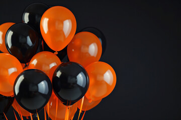 A bunch of orange and black colors balloons on the black  background. Halloween balloons. Celebration autumn balloons.