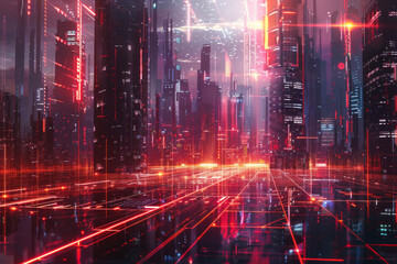 Wall Mural - A digital futuristic city in the background with glowing lines in the foreground 