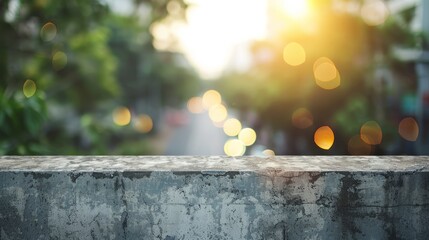 Empty concrete wall with bokeh city background. Rustic concrete wall with blurred city street and bokeh lights at sunset, perfect background for product displays.