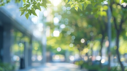 green city park bokeh background. blurred background of city park with green trees and sunlight boke