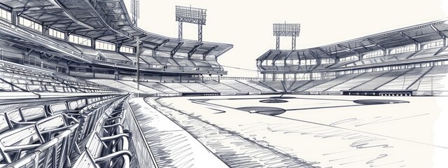 A baseball stadium grandstand with empty seats. View from the stadium stand. Sketch illustration