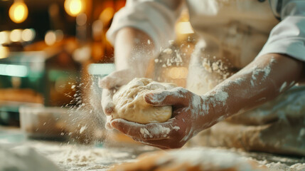 Food preparation worker kneading dough in a bakery, hands covered in flour.