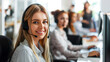 © thanakrit - Smiling female customer service representative with headset in a call center with colleagues in the background
