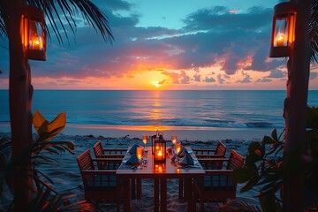 Wall Mural - Private romantic dinner setup on the beach with sunset..