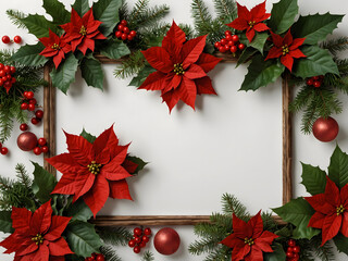 Christmas decoration. The frame of flowers of a red poinsettia, a branch Christmas tree, a ball, and d red berry on a white background design with space for text. Top view, flat lay