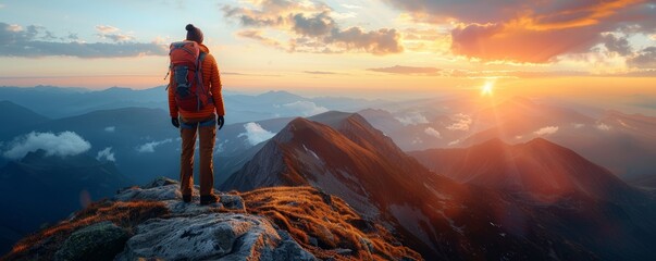 Solo camper watching the sunrise from a mountain peak, representing the serenity and excitement of wilderness adventures, isolated white background, copy space