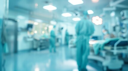 Wall Mural - Blurred hospital operating room background. Blurred background of surgeons and nurses working in a busy operating room, conveying a sense of urgency and medical precision.