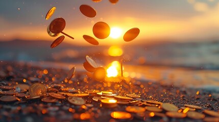 Coins flying through air with sunset backdrop