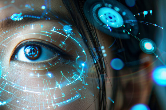 A closeup of an asian woman face with futuristic digital symbols, lines illuminating her face, focus on her pupils 