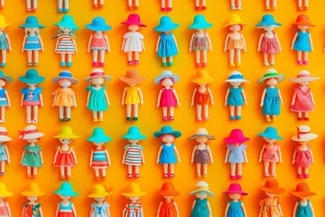 Wall Mural - colorful plastic toy dolls dressed for summer beach day neatly arranged in rows minimal concept illustration