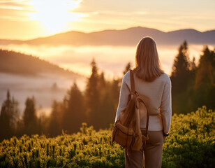 Back view of lonely sad woman with backpack standing outdoor with morning sunlight landscape.jpg 