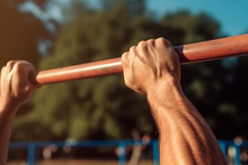 close-up view of a man's hand gripping a gymnastic bar while doing a pull-up in a public park