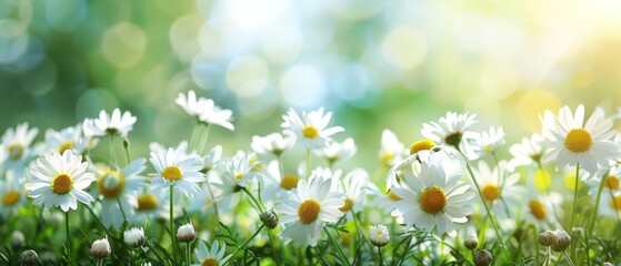 Wall Mural - Spring meadow with daisies, bright and cheerful, natural beauty, copy space