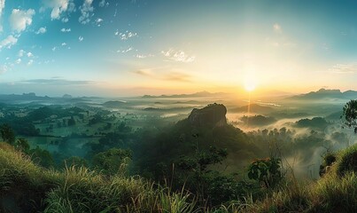 Wall Mural - A beautiful panoramic view of the sun rising over the mountains and green forests, the misty surface, the golden light illuminating the vibrant sky.