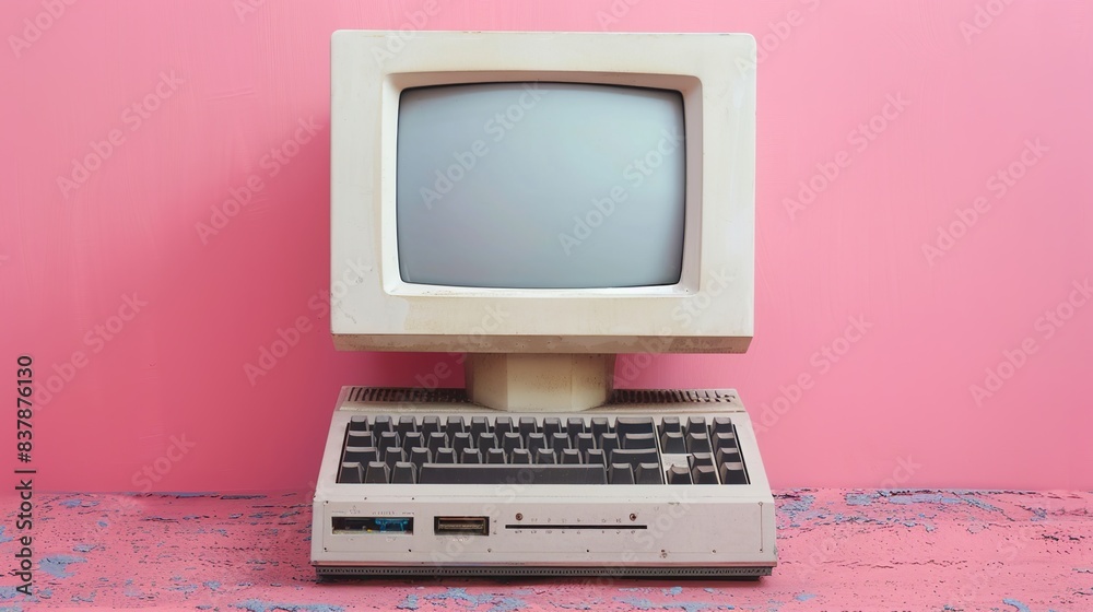 Mini Old Computer Screen Retro old computer monitor with a blank screen and an isolated keyboard ...