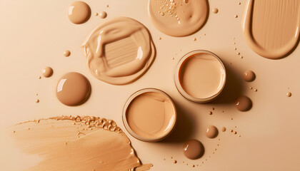 Poster - Liquid foundation and swatches on beige background, top view